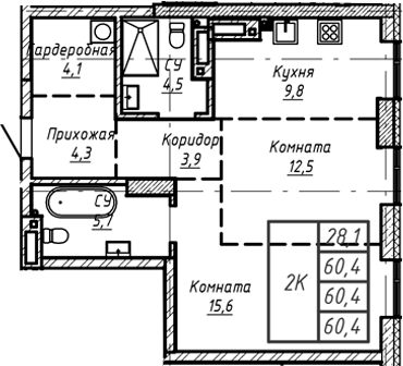 Планировка своб. план. 60.40 м² в ЖК «Барнаул»