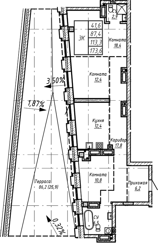 Планировка своб. план. 113.30 м² в ЖК «Барнаул»