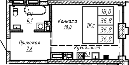 Планировка своб. план. 36.80 м² в ЖК «Барнаул»