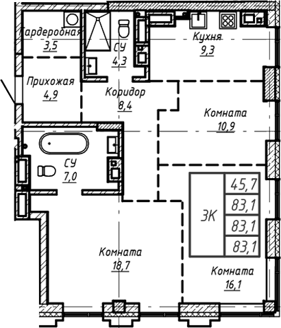 Планировка своб. план. 83.10 м² в ЖК «Барнаул»