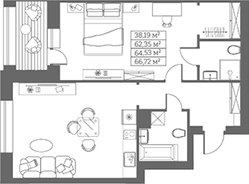 Планировка своб. план. 62.35 м² в ЖК «Собрание»