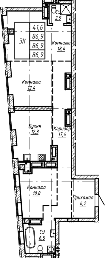 Планировка своб. план. 86.90 м² в ЖК «Барнаул»