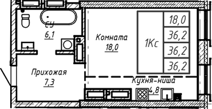 Планировка своб. план. 36.20 м² в ЖК «Барнаул»