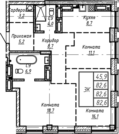 Планировка своб. план. 82.60 м² в ЖК «Барнаул»