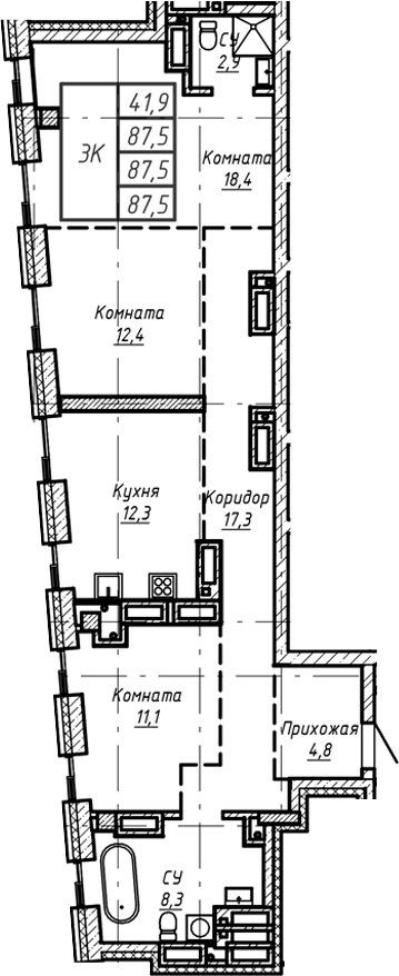 Планировка своб. план. 87.50 м² в ЖК «Барнаул»
