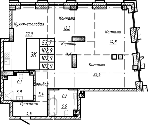 Планировка своб. план. 102.90 м² в ЖК «Барнаул»