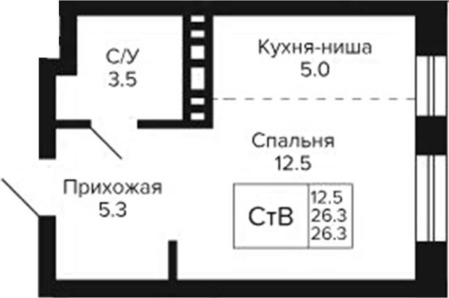 Планировка студии 26.30 м² в ЖК «Сподвижники»