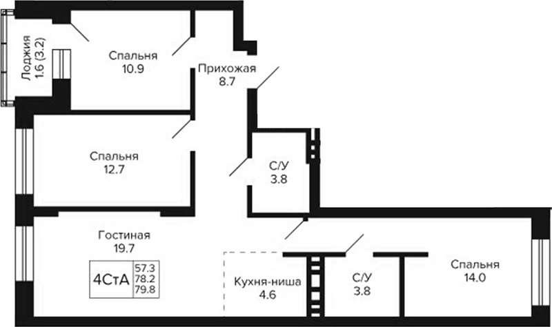 Планировка 4е-к.кв 78.20 м² в ЖК «Сподвижники»