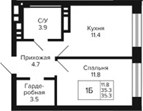 Планировка 1-к.кв 35.30 м² в ЖК «Сподвижники»