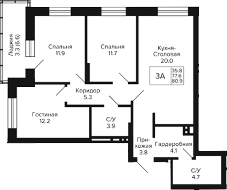 Планировка 3-к.кв 77.60 м² в ЖК «Сподвижники»
