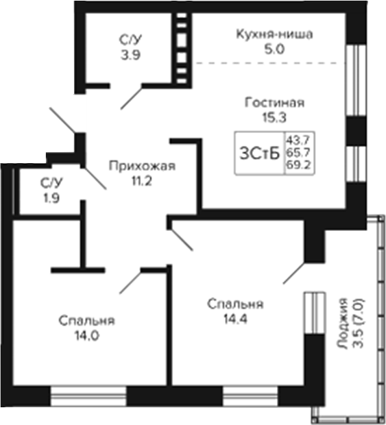 Планировка 3е-к.кв 65.70 м² в ЖК «Сподвижники»