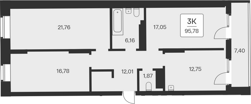 Планировка 3-к.кв 88.38 м² в ЖК «Сакура парк»