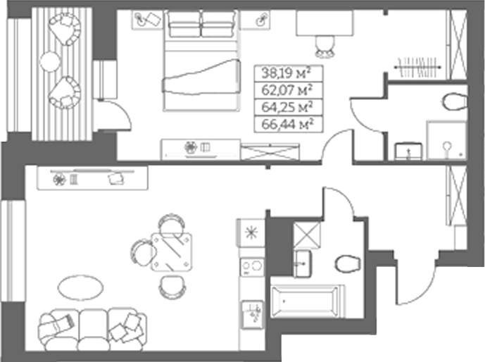 Планировка своб. план. 62.07 м² в ЖК «Собрание»