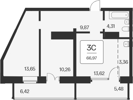 Планировка 3е-к.кв 55.07 м² в ЖК «Сакура парк»