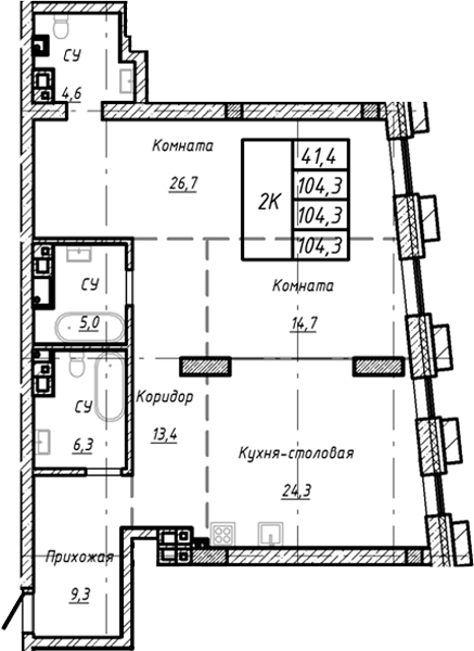 Планировка своб. план. 104.30 м² в ЖК «Барнаул»