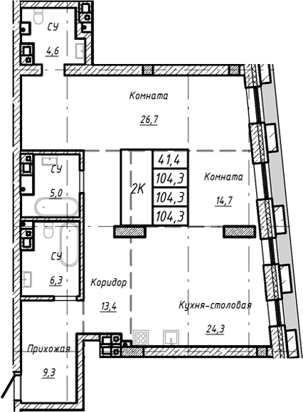 Планировка своб. план. 104.30 м² в ЖК «Барнаул»