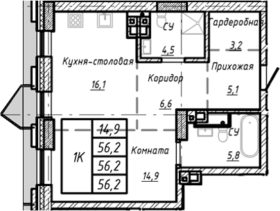 Планировка своб. план. 56.20 м² в ЖК «Барнаул»