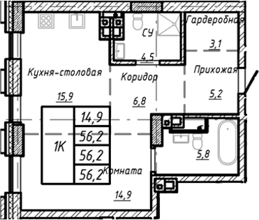 Планировка своб. план. 56.20 м² в ЖК «Барнаул»