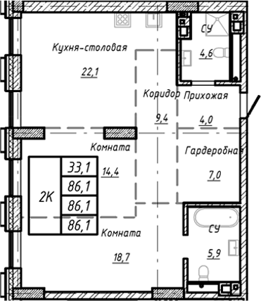 Планировка своб. план. 86.10 м² в ЖК «Барнаул»