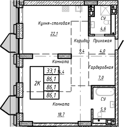 Планировка своб. план. 86.10 м² в ЖК «Барнаул»