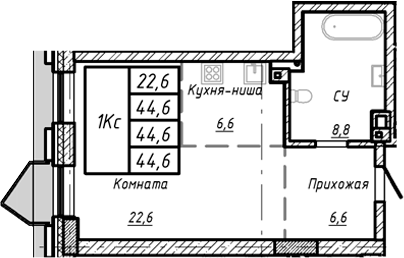 Планировка своб. план. 44.60 м² в ЖК «Барнаул»