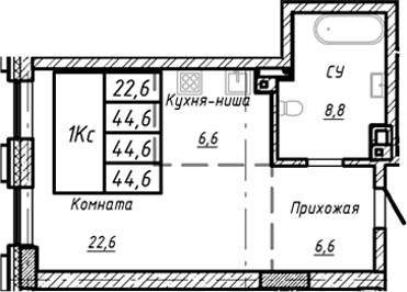 Планировка своб. план. 44.60 м² в ЖК «Барнаул»