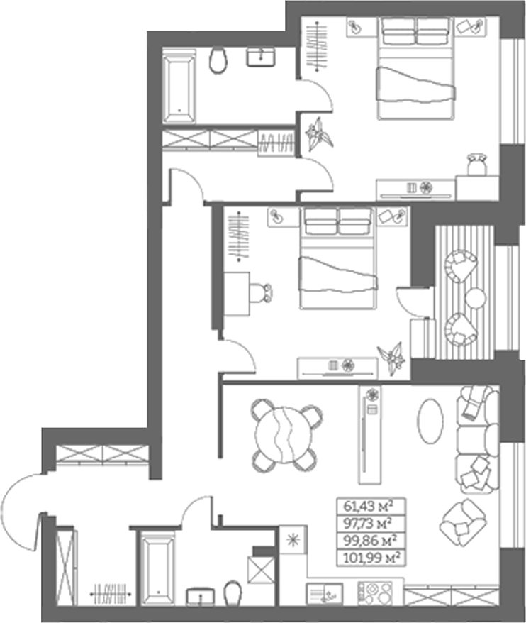 Планировка своб. план. 97.73 м² в ЖК «Собрание»