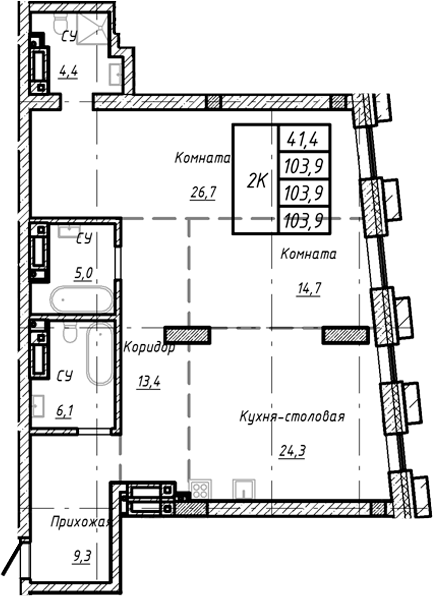 Планировка своб. план. 103.90 м² в ЖК «Барнаул»