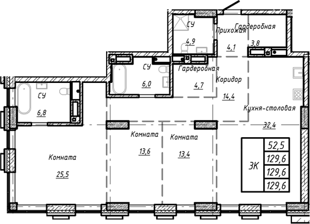 Планировка своб. план. 129.60 м² в ЖК «Барнаул»