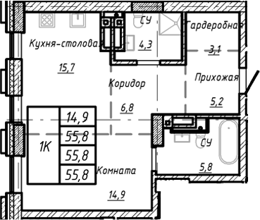 Планировка своб. план. 55.80 м² в ЖК «Барнаул»
