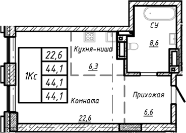 Планировка своб. план. 44.10 м² в ЖК «Барнаул»
