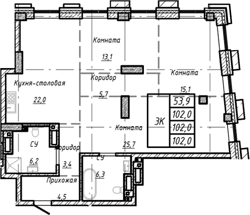Планировка своб. план. 102.00 м² в ЖК «Барнаул»