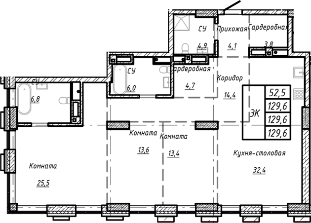 Планировка своб. план. 129.60 м² в ЖК «Барнаул»