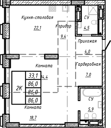 Планировка своб. план. 86.00 м² в ЖК «Барнаул»