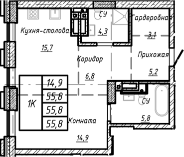 Планировка своб. план. 55.80 м² в ЖК «Барнаул»