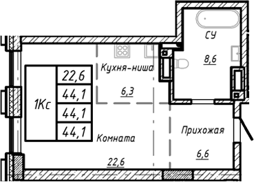 Планировка своб. план. 44.10 м² в ЖК «Барнаул»
