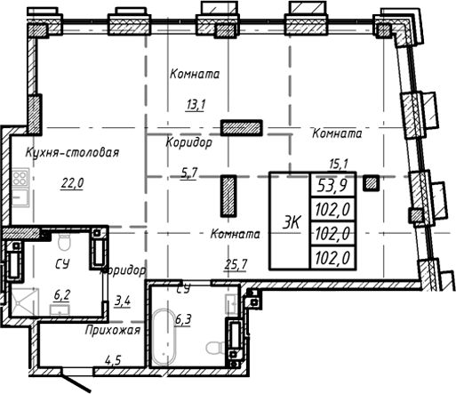 Планировка своб. план. 102.00 м² в ЖК «Барнаул»