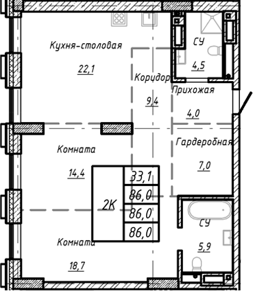 Планировка своб. план. 86.00 м² в ЖК «Барнаул»