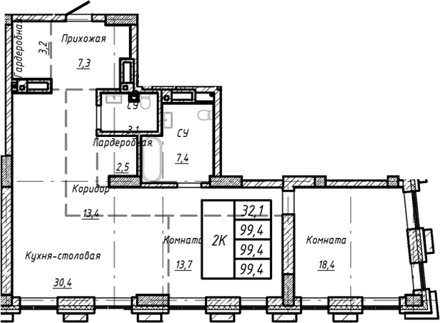Планировка своб. план. 99.40 м² в ЖК «Барнаул»