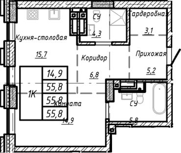 Планировка своб. план. 55.80 м² в ЖК «Барнаул»