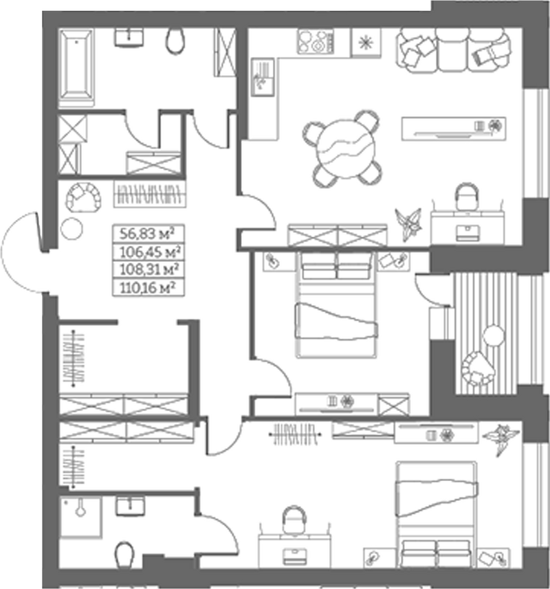Планировка своб. план. 106.45 м² в ЖК «Собрание»