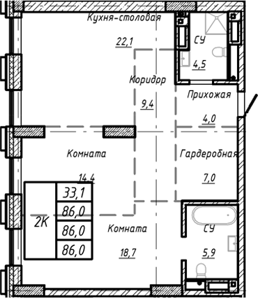 Планировка своб. план. 86.00 м² в ЖК «Барнаул»