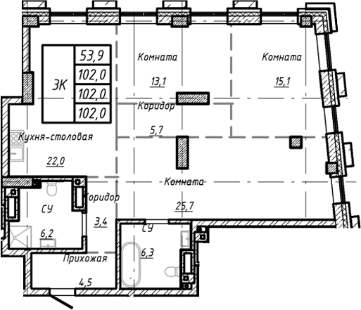 Планировка своб. план. 102.00 м² в ЖК «Барнаул»