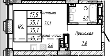 Планировка своб. план. 35.10 м² в ЖК «Барнаул»