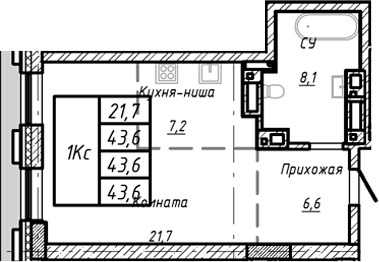Планировка своб. план. 43.60 м² в ЖК «Барнаул»