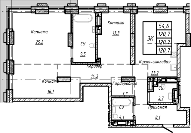 Планировка своб. план. 120.70 м² в ЖК «Барнаул»