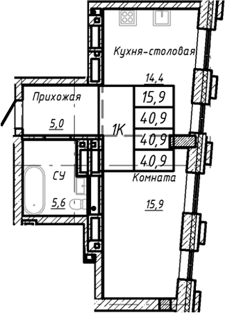Планировка своб. план. 40.90 м² в ЖК «Барнаул»
