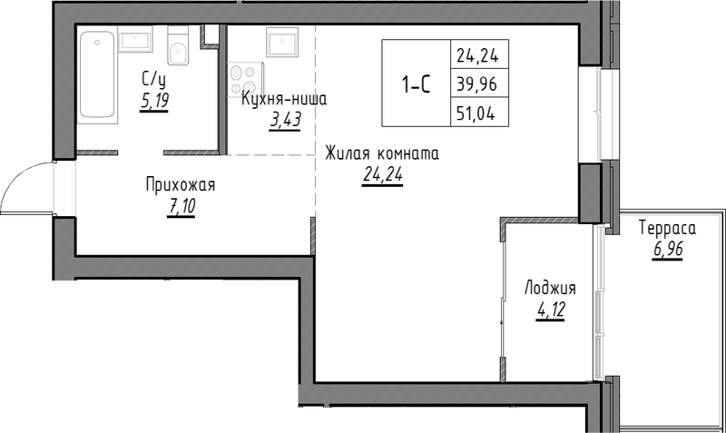 Планировка студии 39.96 м² в ЖК «Тесла парк»