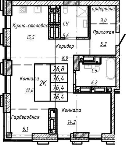 Планировка своб. план. 76.40 м² в ЖК «Барнаул»