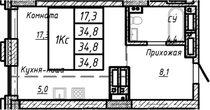 Планировка своб. план. 34.80 м² в ЖК «Барнаул»